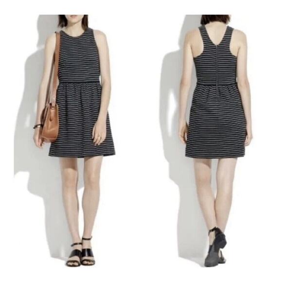 Madewell Pierside Sz M Sleeveless Striped Black & White Knit Mini Dress Pockets - Picture 2 of 11